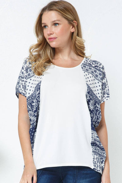 ROUND NECK CONTRAST PRINT WIDE DOLMAN SLEEVE TOP - T7199 - The Wander Brand